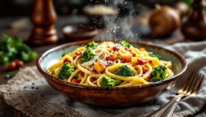 Pasta broccoli e pancetta cremosa: il trucco del formaggio spalmabile